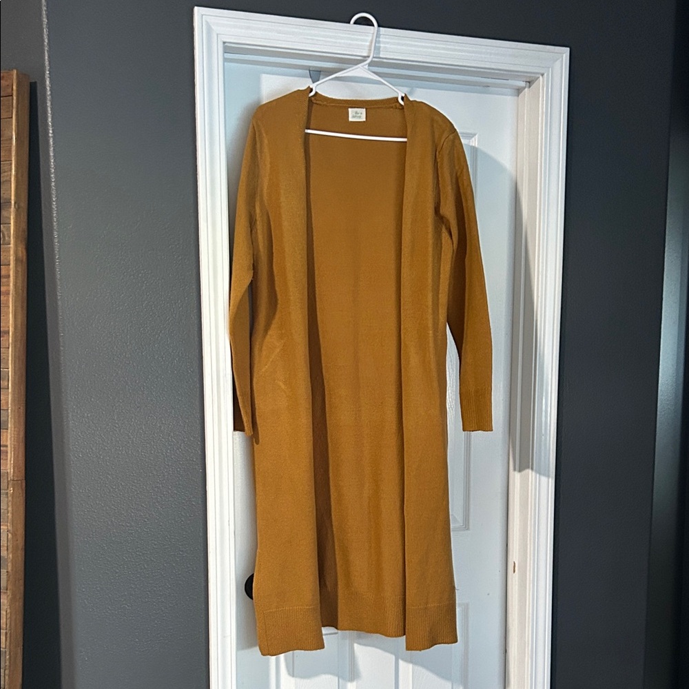 Blue Buttercup Open-Front Longline Knit Cardigan in Mustard/Gold